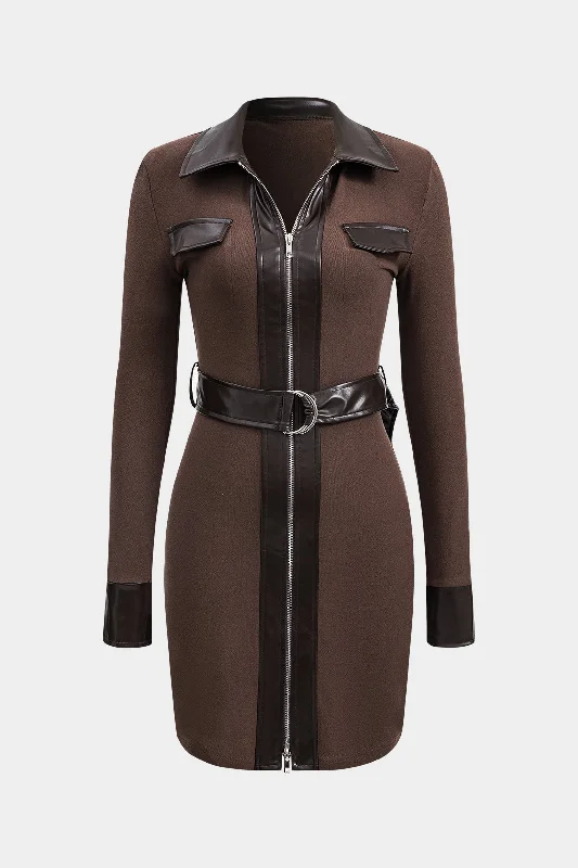 Evening Elegance Faux Leather Patchwork Long Sleeve Mini Dress