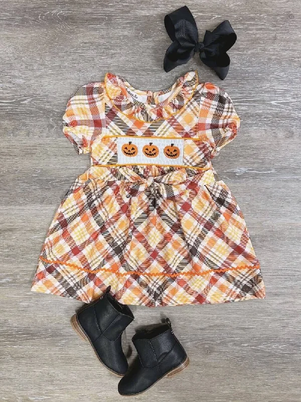 Trendy Women’s Apparel Pumpkins & Plaid Girls Puff Sleeve Fall Dress