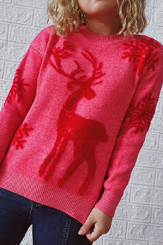 Women’s High Street Fashion Christmas Pattern Knitted Crew Neck Long Sleeved Sweater