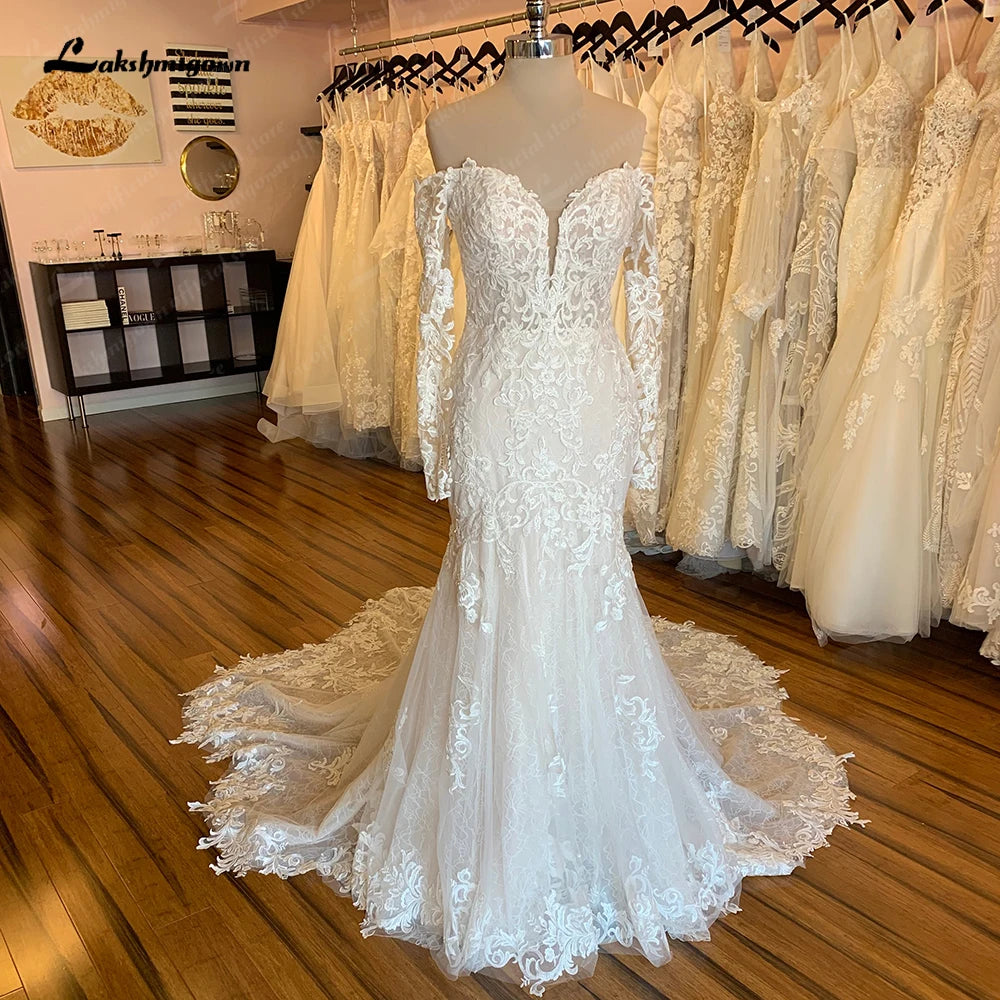 Clearance Sale, All Cheap Roycebridal Boat Neck Long Sleeves Wedding Dress Full Lace Chapel Train Bridal Gown Elegant Bridal Wedding Gowns Open Back