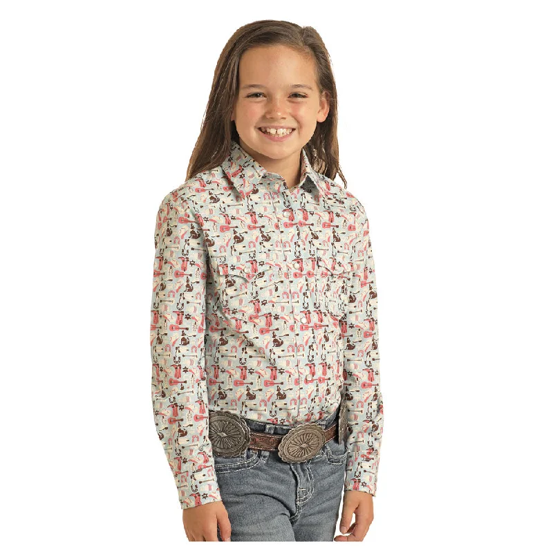 Style Redefined LGN2S04394 Panhandle Girls' Long Sleeve Western Snap Shirt - Light Turquoise