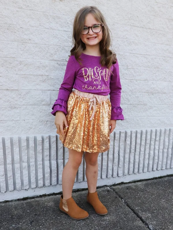 Trend Forward Threads For Her Blessed & Thankful Purple Gold Sequin Ruffle Girls Skirt Outfit