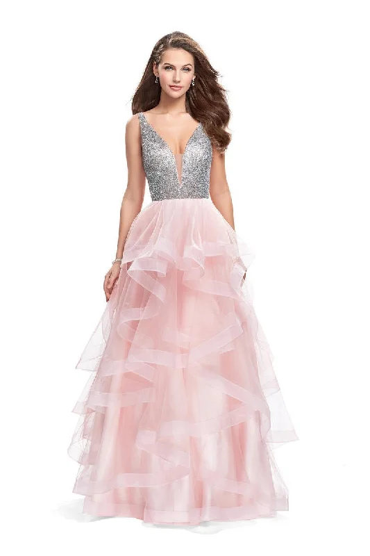 Gift Ideas La Femme - 26223 Metallic Beaded Plunging Bodice Tulle Ballgown