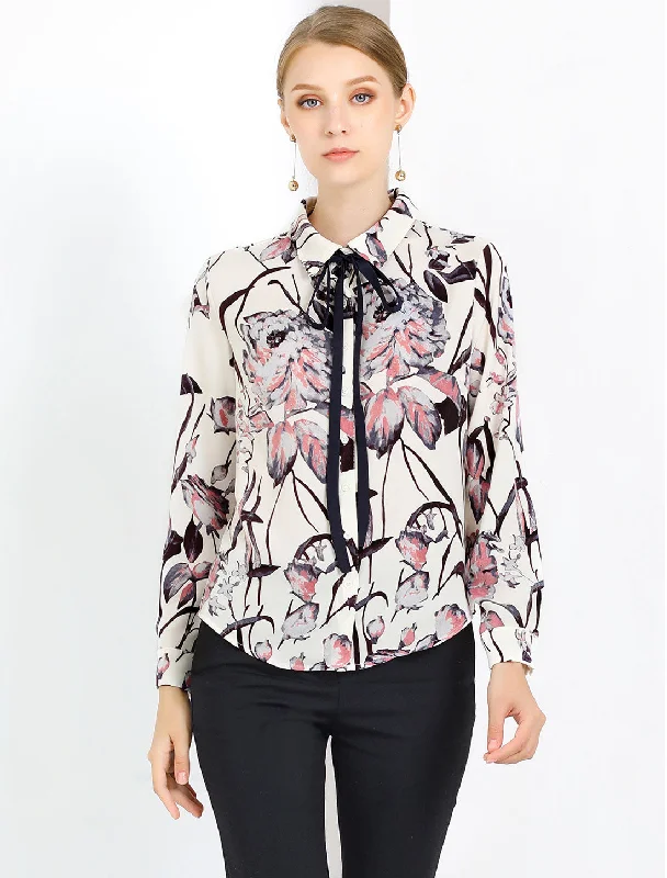 Fashion For Every Occasion Tie Neck Floral Abstract Long Sleeve Office Point Collar Blouse