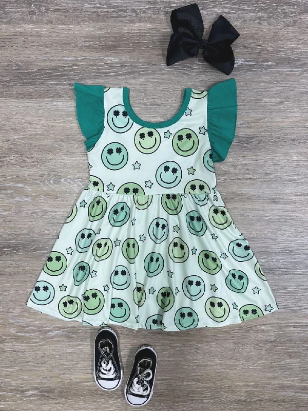 Unique Women’s Fashion Pieces Smile for Luck Girls Ruffle Sleeve St. Patrick's Day Dress