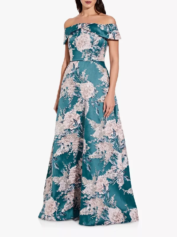 Trendy Women's Wear 4 - adrianna papell teal off the shoulder floral jacquard gown