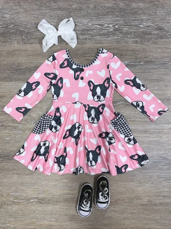 Trend Forward Threads French Kiss Bulldog Pink Heart Pocket Girls Skater Dress