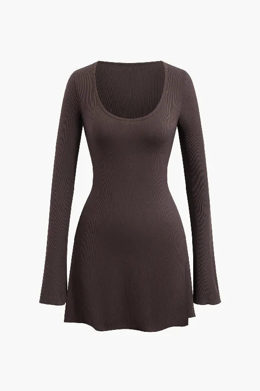 Premium Fashion U Neck Tie Back Long Sleeve Mini Dress