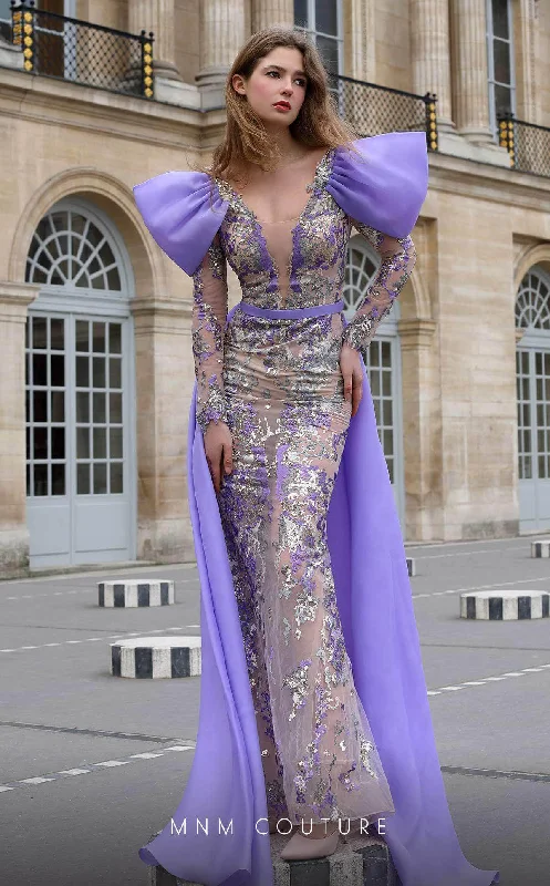 Versatile Style Wardrobe MNM Couture K4075 - Bow Sleeve Embellished Illusion Gown