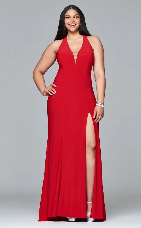 Hot Trends Faviana - 9402 Long Jersey V-Neck Sheath Gown With Front Slit  - 1 Pc. Black in size 18W Available