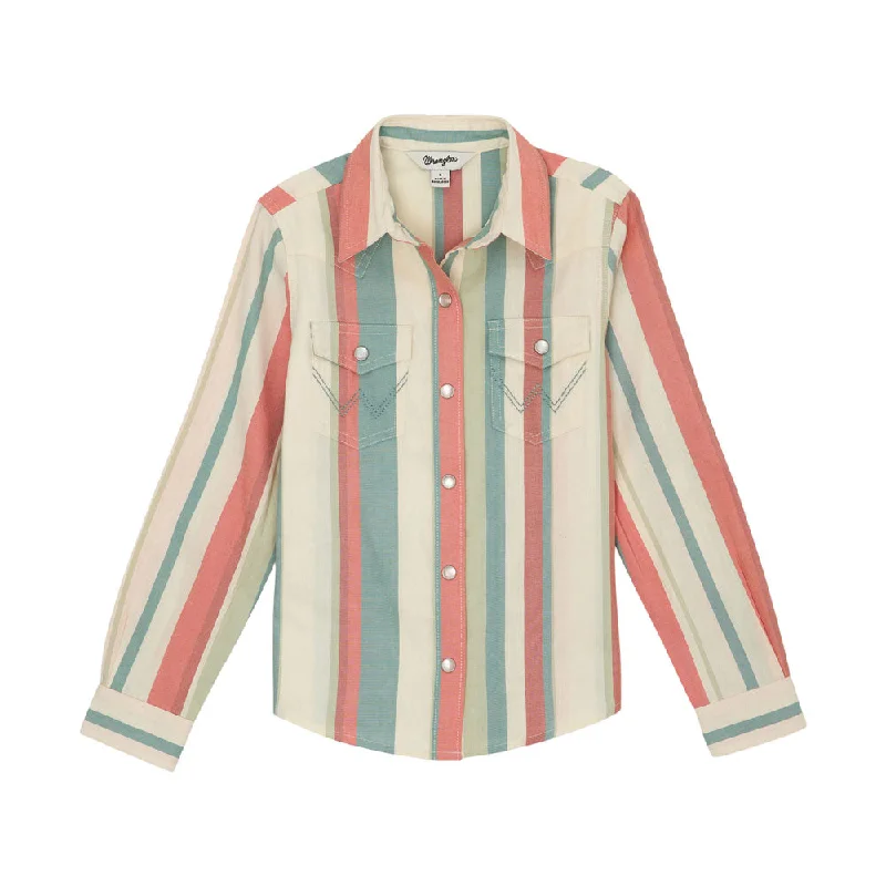 Unleash Your Style 112359415 Wrangler Girls' Western Long Sleeve Snap Shirt - Coral & Teal