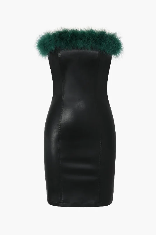 Holiday Special Offers Feather Neckline Leather Mini Dress