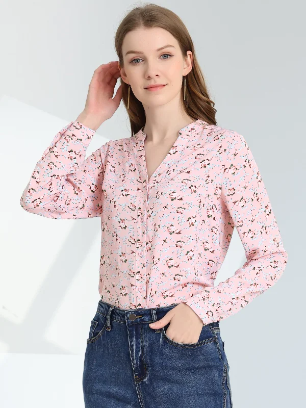 Latest Trends Chiffon Floral Tops V Neck Long Sleeve Button-Up Blouse Shirt