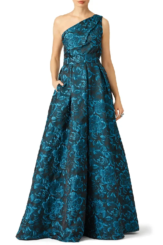 Trendy Street Style S - slate & willow blue one shoulder floral gown