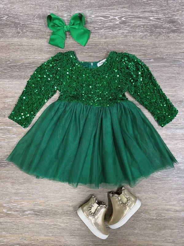 Fashionable Casual Tops Kelly Green Sequin & Velvet Girls Chiffon Tutu Dress