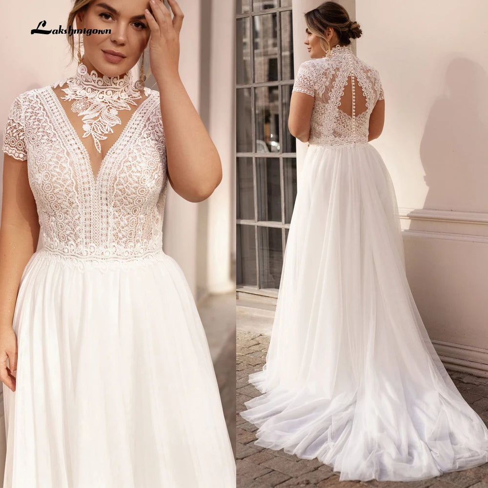 Trend Forward Threads For Her High Collar Short Sleeve Wedding Dresses Tulle Appliques Pearls Covered Button A-Line Bridal Gowns Roycebridal