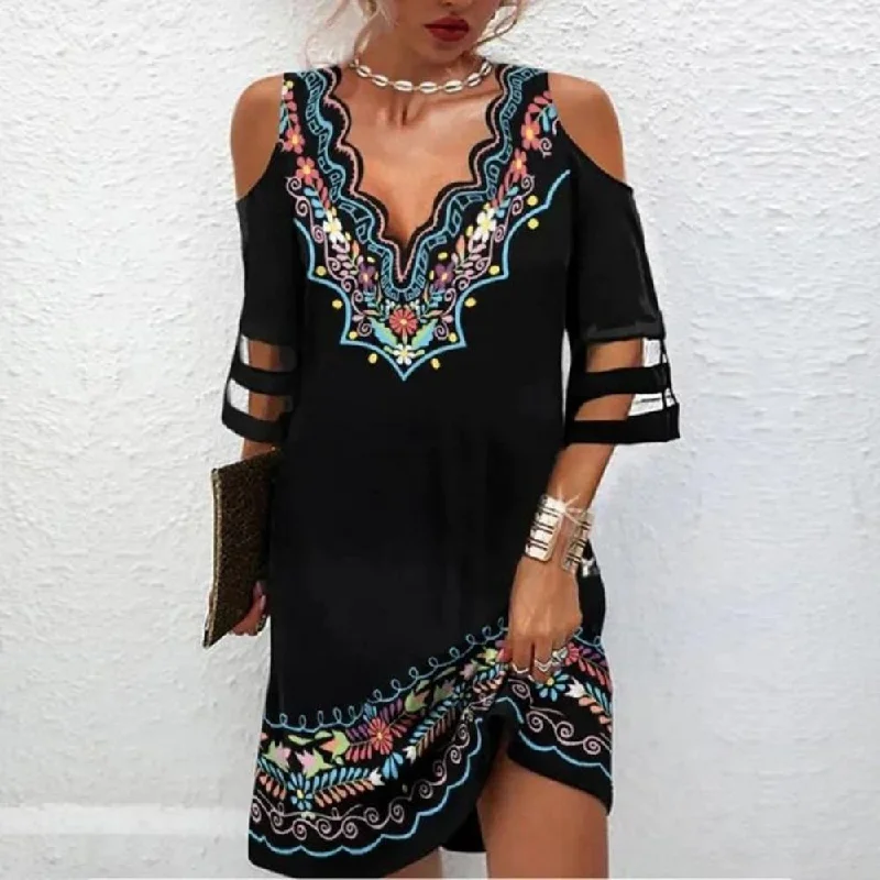 Redefining Women's Fashion Colorful Ethnic Print Cold Shoulder Black Cut Out Mini Dress