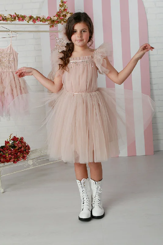 Women’s Clothes for All-Day Comfort and Style Girls Sand Color Flutter Sleeve Embroidered Tulle Avril Dress Sizes 12 Months-14