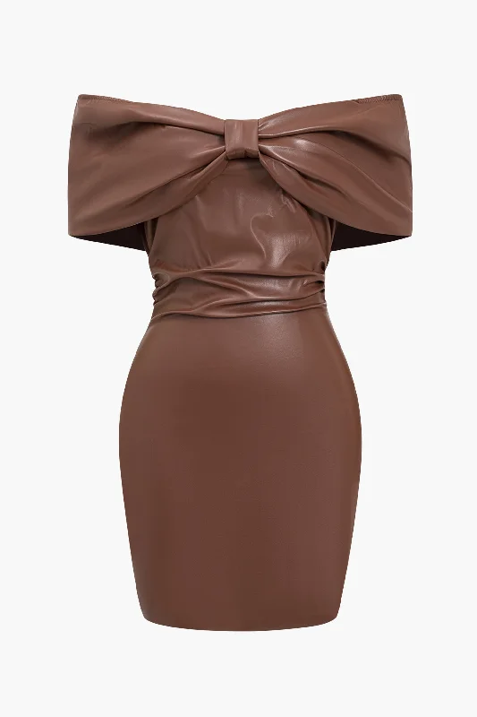 Best Online Women's Boutiques Solid Bow Faux Leather Off Shoulder Mini Dress