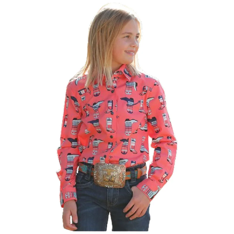 Trendsetting Threads CTW3370023 Cruel Girl Girls' Long Sleeve Western Snap Shirt - Coral Boot Print