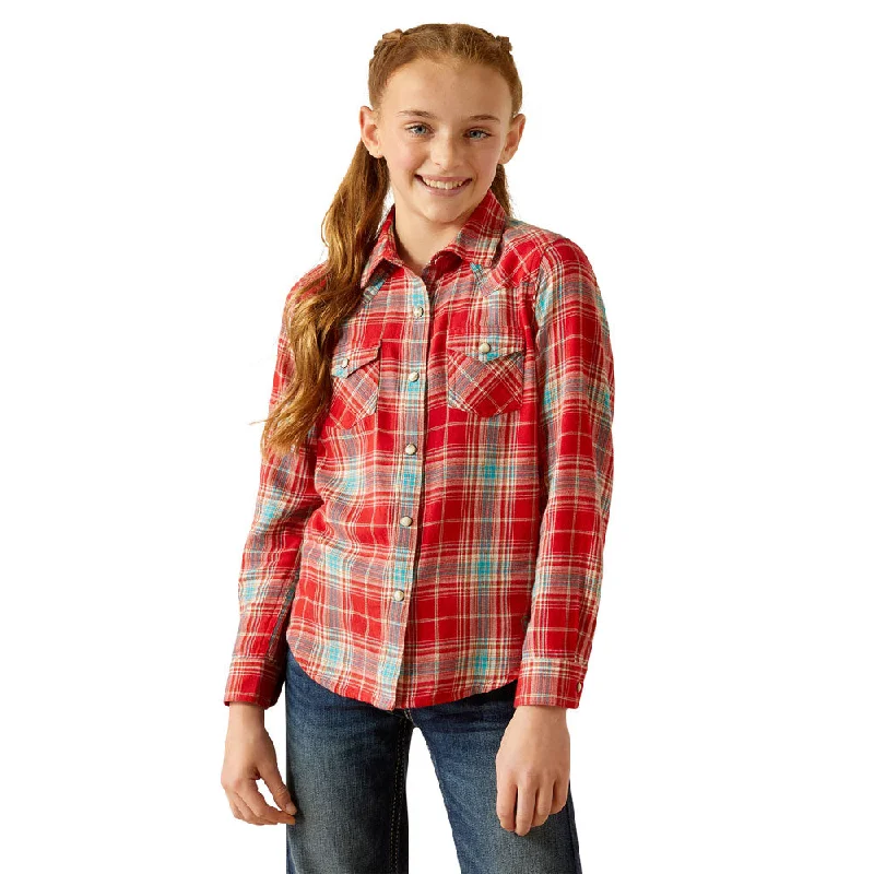 Stylish Statements 10052470 Ariat Girls' Barn Plaid Long Sleeve Western Snap Shirt - Barn Red