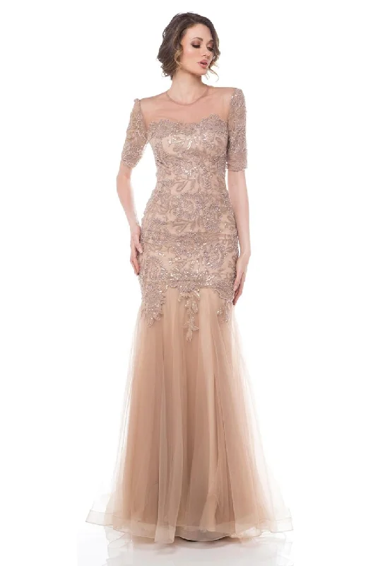 Gorgeous Glamour Collection Marsoni by Colors Fitted Sheer Short Sleeves Mermaid Gown M179 - 1 pc Latte In Size 12 Available