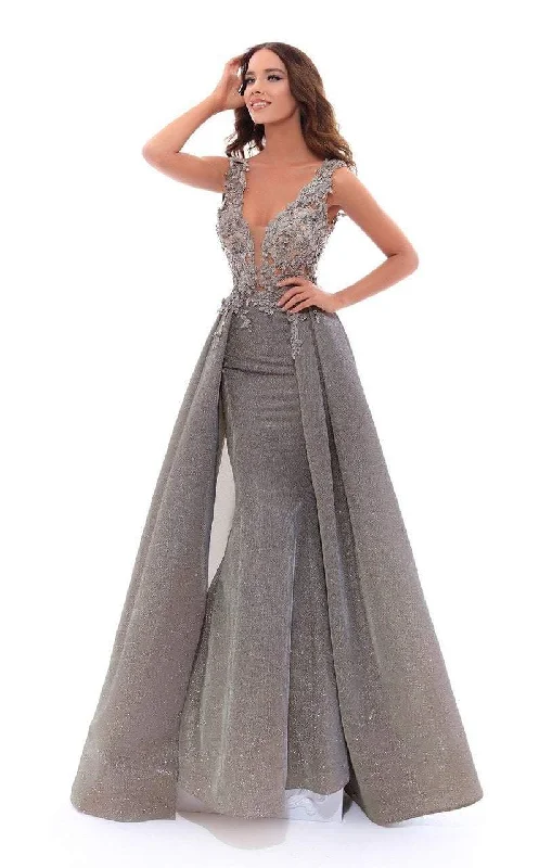 Trendy Threads Tarik Ediz Plunging Mermaid Gown with A-Line Overskirt 93444