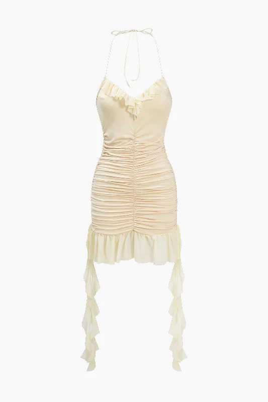 Relaxed Style Mesh Ruffle Ruched Tie-Up Backless Mini Dress