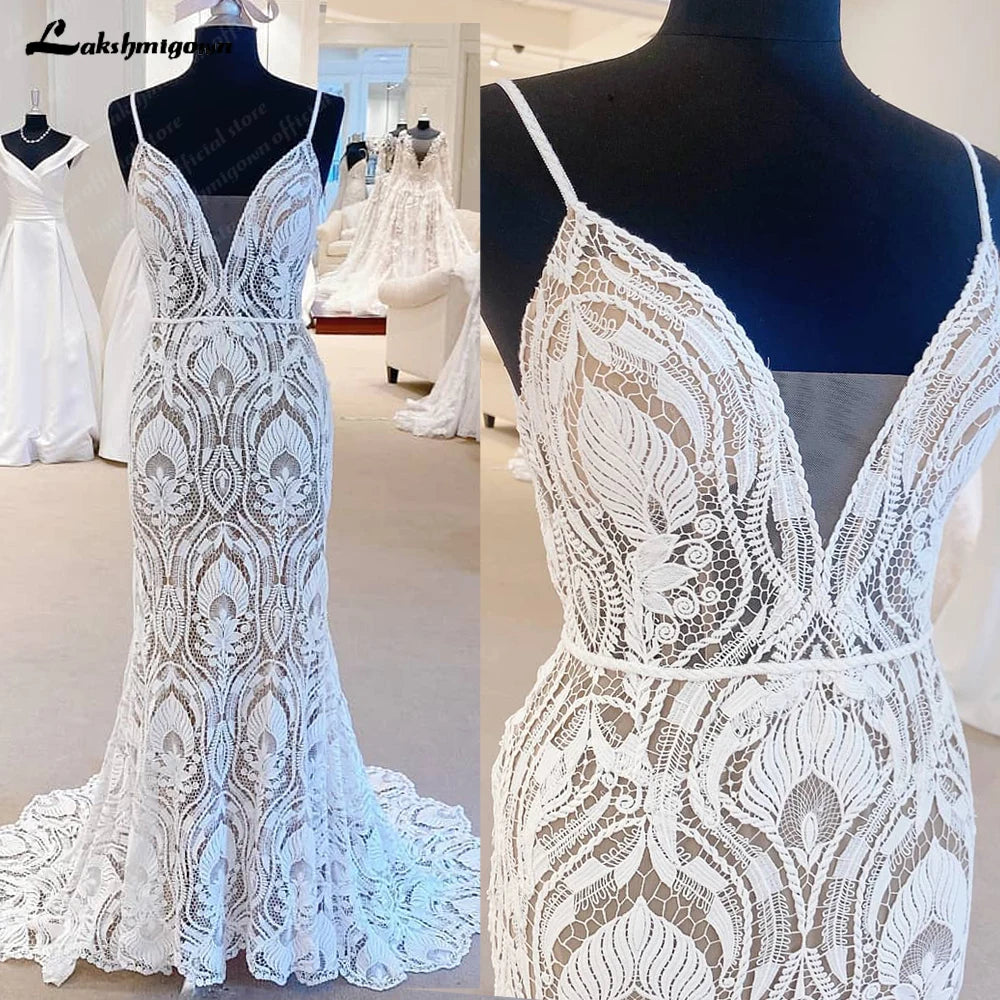 Trendy Women's Collection Roycebridal Sexy Lace Wedding Dresses 2025 V-Neck Open Back Long Bride Dress Spaghetti Strap Applique A-Line Party Gown