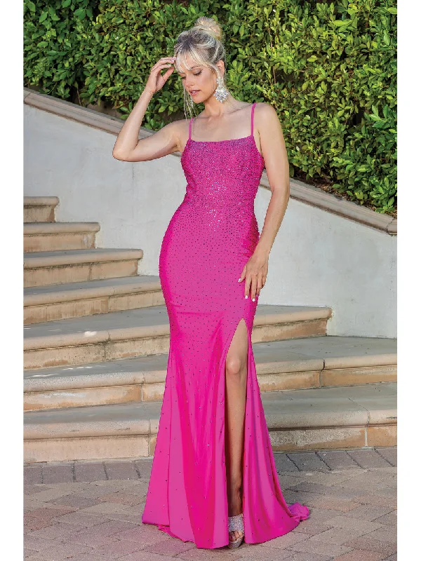 Trend Forward Threads For Her DQ 4242 Size 12, 16 Fuchsia Long Fitted Jersey Crystal Prom Dress Slit Backless Corset Formal Gown