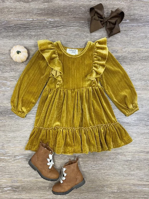 Trendy New Clothes Gold Velvet Ruffle Girls Special Occasion Dress