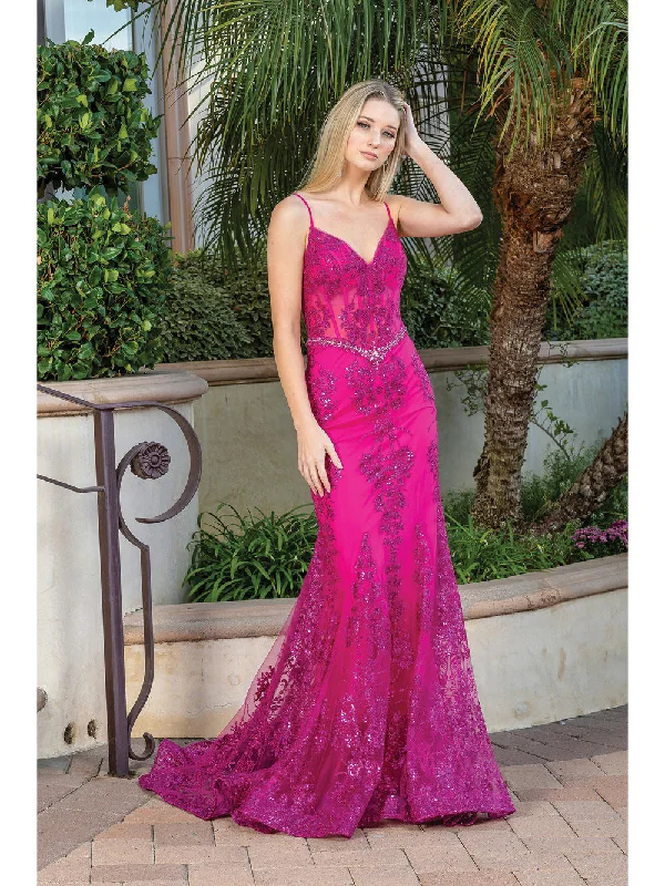 Redefining Women's Fashion DQ 4118 Size 16 Fuchsia Long Sheer Sequin Mermaid Prom Dress Pageant Gown V Neck Crystal Belt