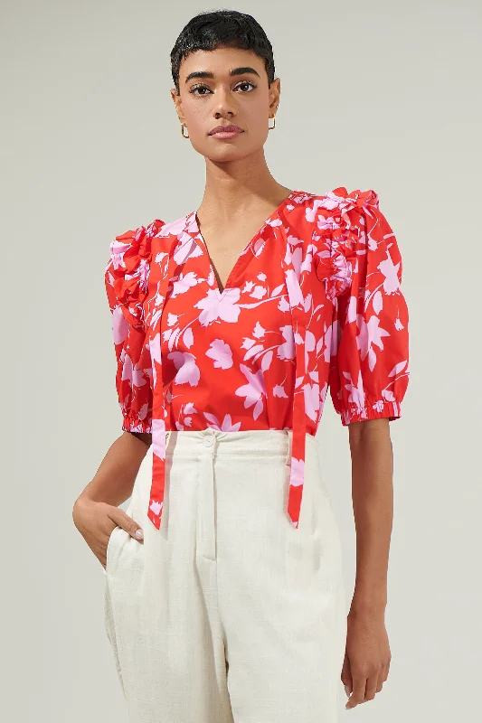 Trendy Urban Attire Sunset Floral Noche Tie Neck Blouse