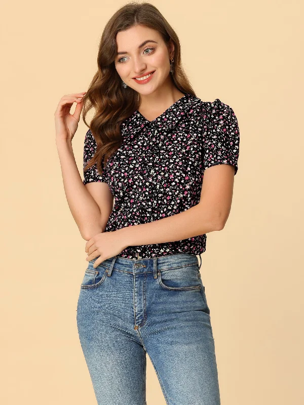 Trend Alert Puff Sleeve Shirt Point Collar Top Button Down Floral Blouse