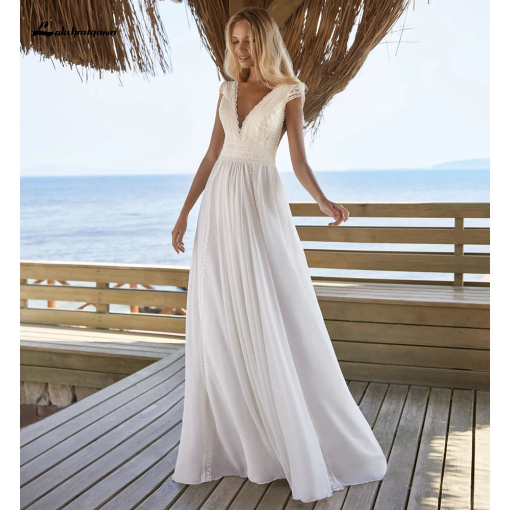 Style Breakthroughs Simple Bohemian Wedding Dress Cap Sleeve V-Neck Floor Length Chiffon A-Line Bridal Gowns With Charming For Women