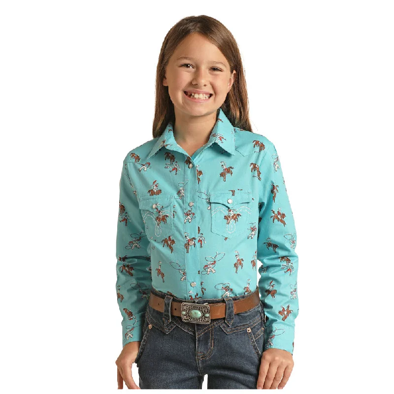 Fashion Sale WLGSOSR13L Panhandle Girls' Long Sleeve Snap Shirt- Aquamarine Rodeo Print