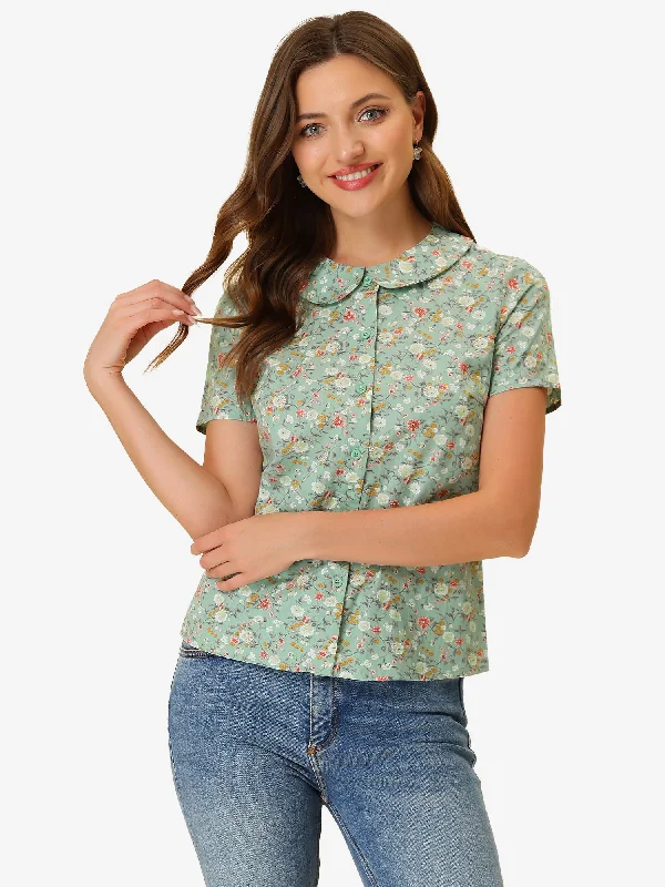 Trend Alert Summer Peter Pan Collar Button Front Vintage Floral Print Blouse