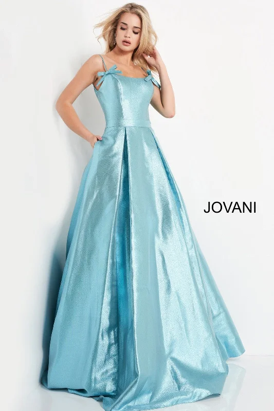 Cheap Women's Clothing Online Jovani JVN03479 Blue Metallic Prom Dress Ballgown Spaghetti Straps with Bows size 6