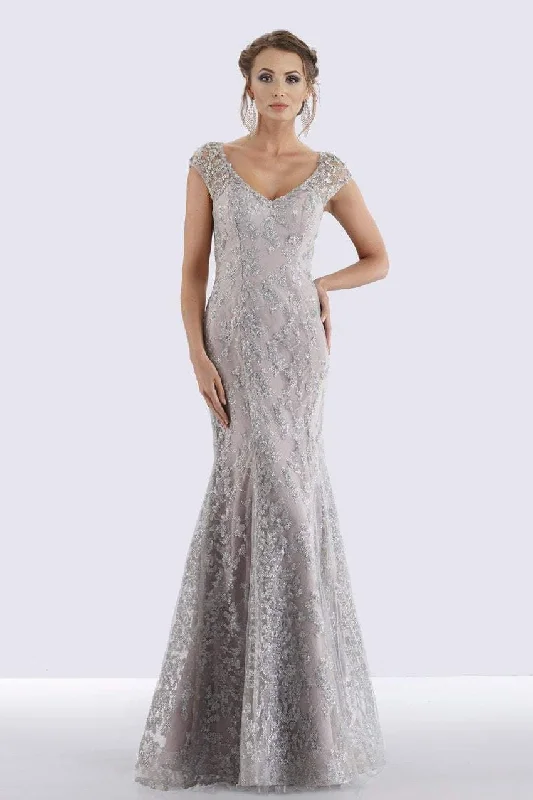 Fashion For Every Occasion Feriani Couture 18721 Cap Sleeve V-Neck Embellished Mermaid Gown - 1 pc Silver in Size 10 Available