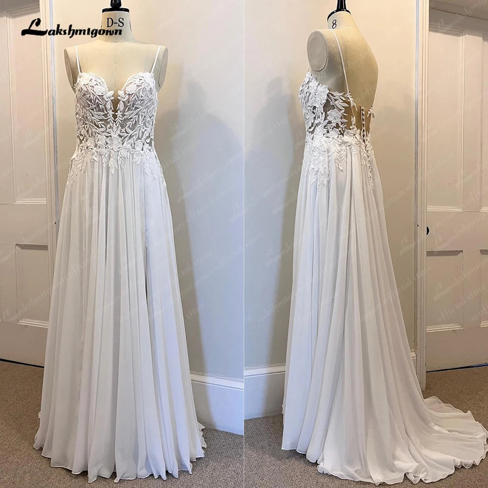 Limited Stock, Big Sale Roycebridal Lace Appliques Chiffon Open Back V-neck Spaghetti Straps Beach Wedding Dress A Line 2025 Vestido Novia