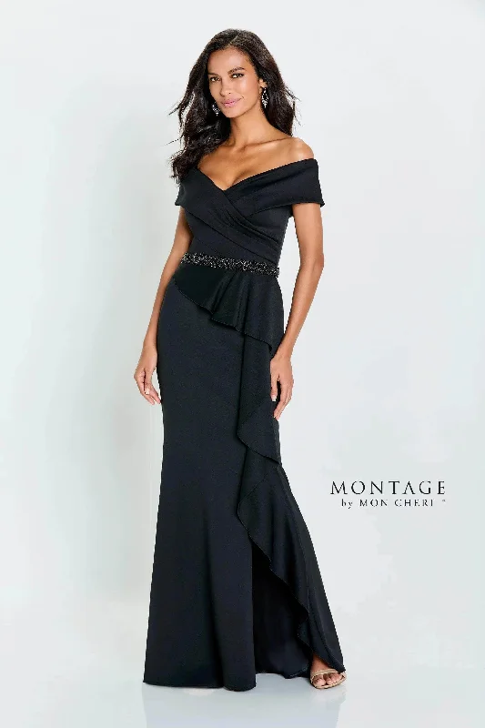 Laid-Back Elegance Montage by Mon Cheri 221976W - Off-Shoulder Ruffle Draped Evening Gown