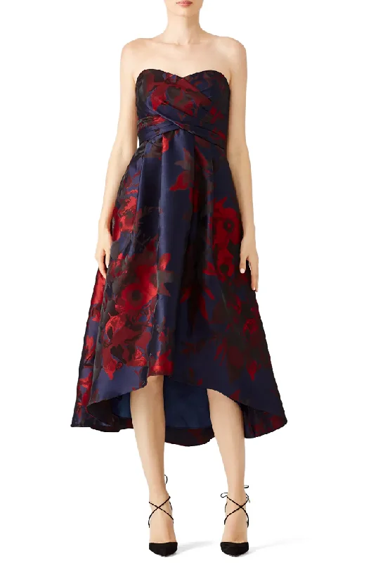 Season Appropriate Women's Collection 0 - shoshanna navy & red strapless floral jacquard high low dress