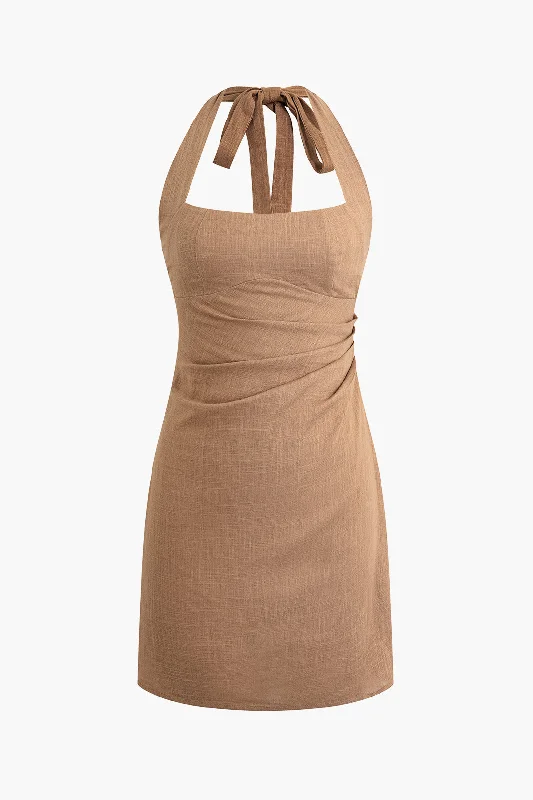 Chic Styles Linen Halter Neck Ruched Mini Dress