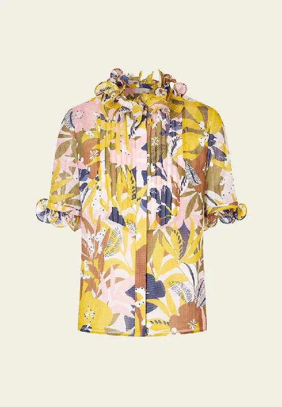 Fashion Forward, Function First Yellow Floral Print Ruffled Chiffon Blouse