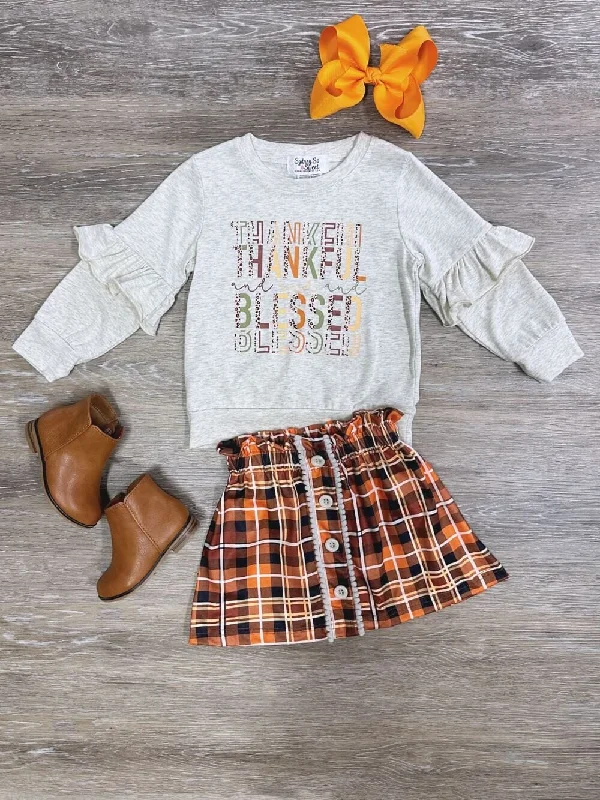 Casual Yet Stylish Separates Thankful & Blessed Fall Tartan Plaid Ruffle Girls Skirt Outfit