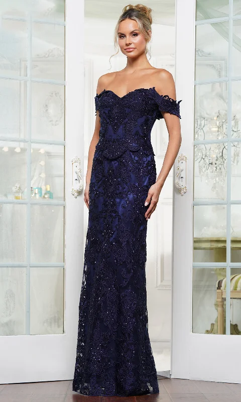 Season Appropriate Women's Collection Rina Di Montella RD3144 - Scalloped Peplum Off Shoulder Formal Gown