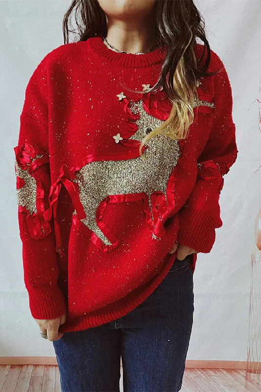 Modern Women’s Apparel Christmas Pattern Knitted Crew Neck Long Sleeved Sweater