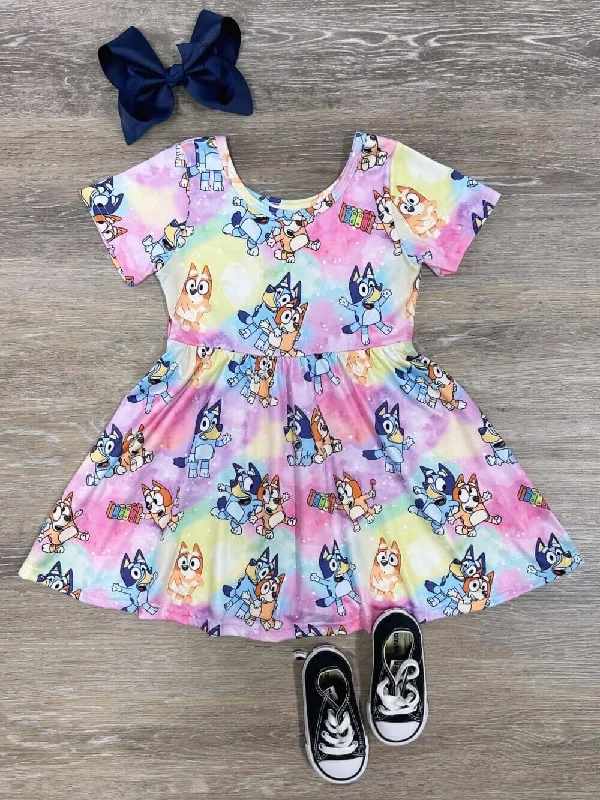 Don't Miss Out Blue Dog Pastel Ombre Short Sleeve Girls Skater Dress