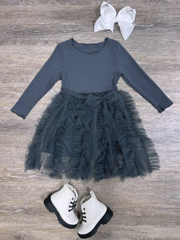 Style Revolution Dark Gray Ribbed Knit Frill Chiffon Girls Boutique Dress