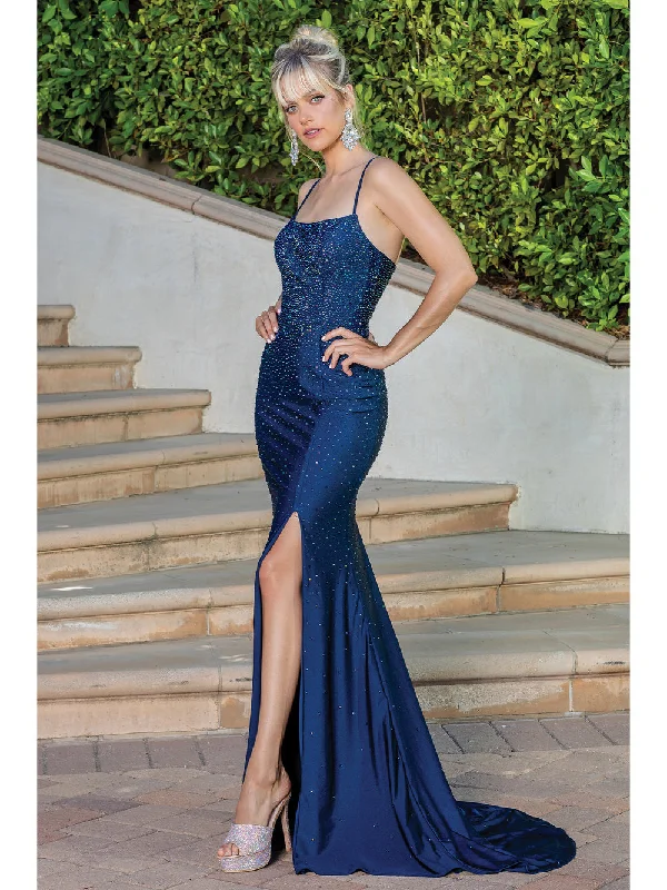 Chic Style, Always In Vogue DQ 4242 Size 14 Navy Long Fitted Jersey Crystal Prom Dress Slit Backless Corset Formal Gown